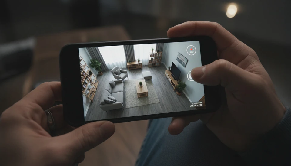 Une main masculine tient un smartphone moderne à écran transparent sur fond neutre