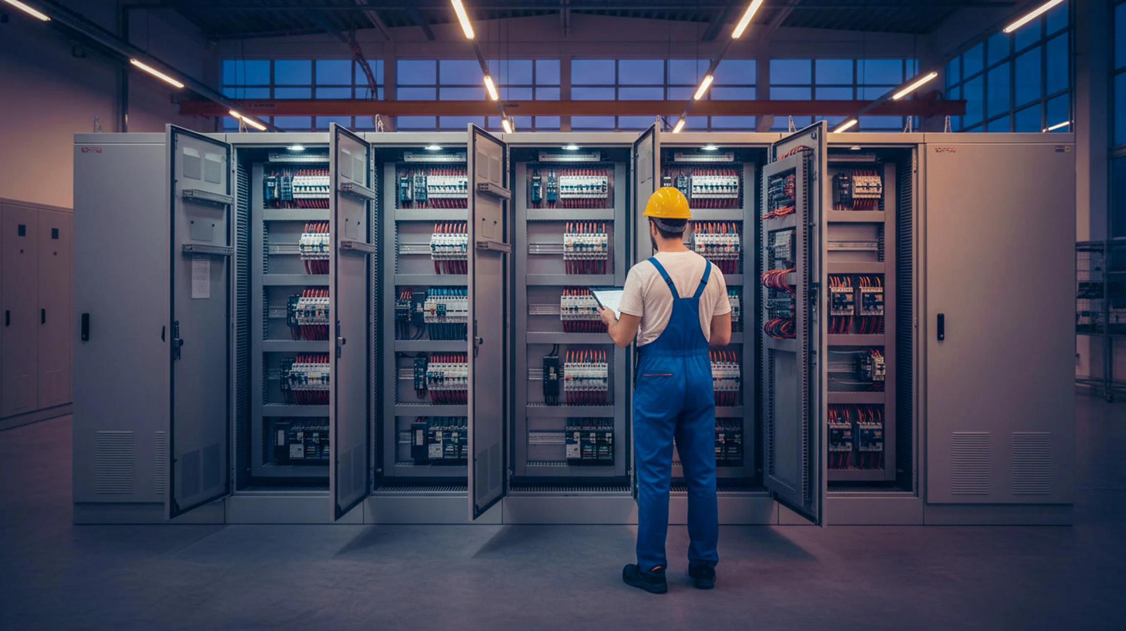 Électricien portant des gants de protection rouges travaillant sur un tableau électrique résidentiel