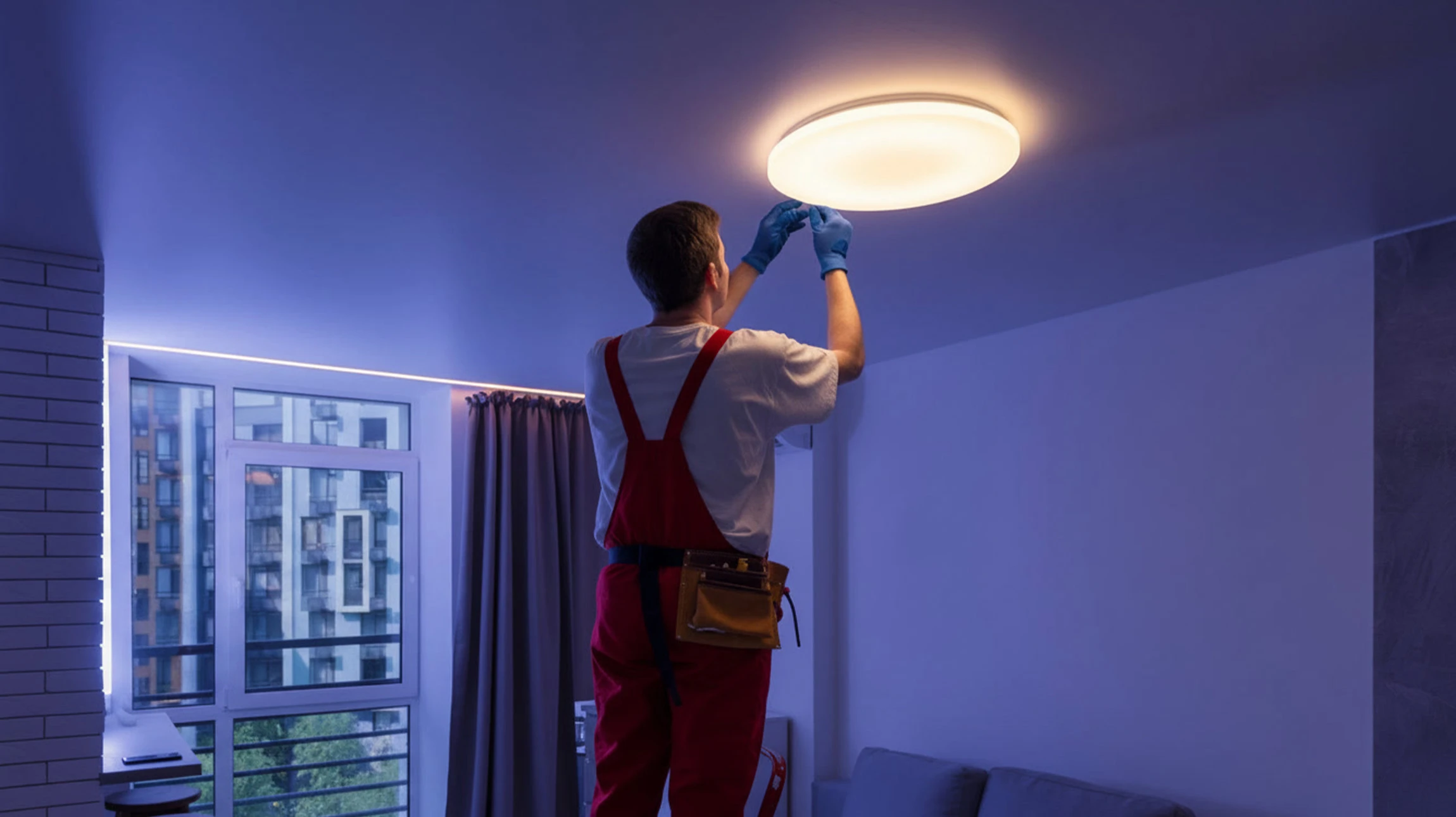 Électricien professionnel en salopette bleue et casque jaune dans cuisine moderne, portant câbles électriques et caisse à outils