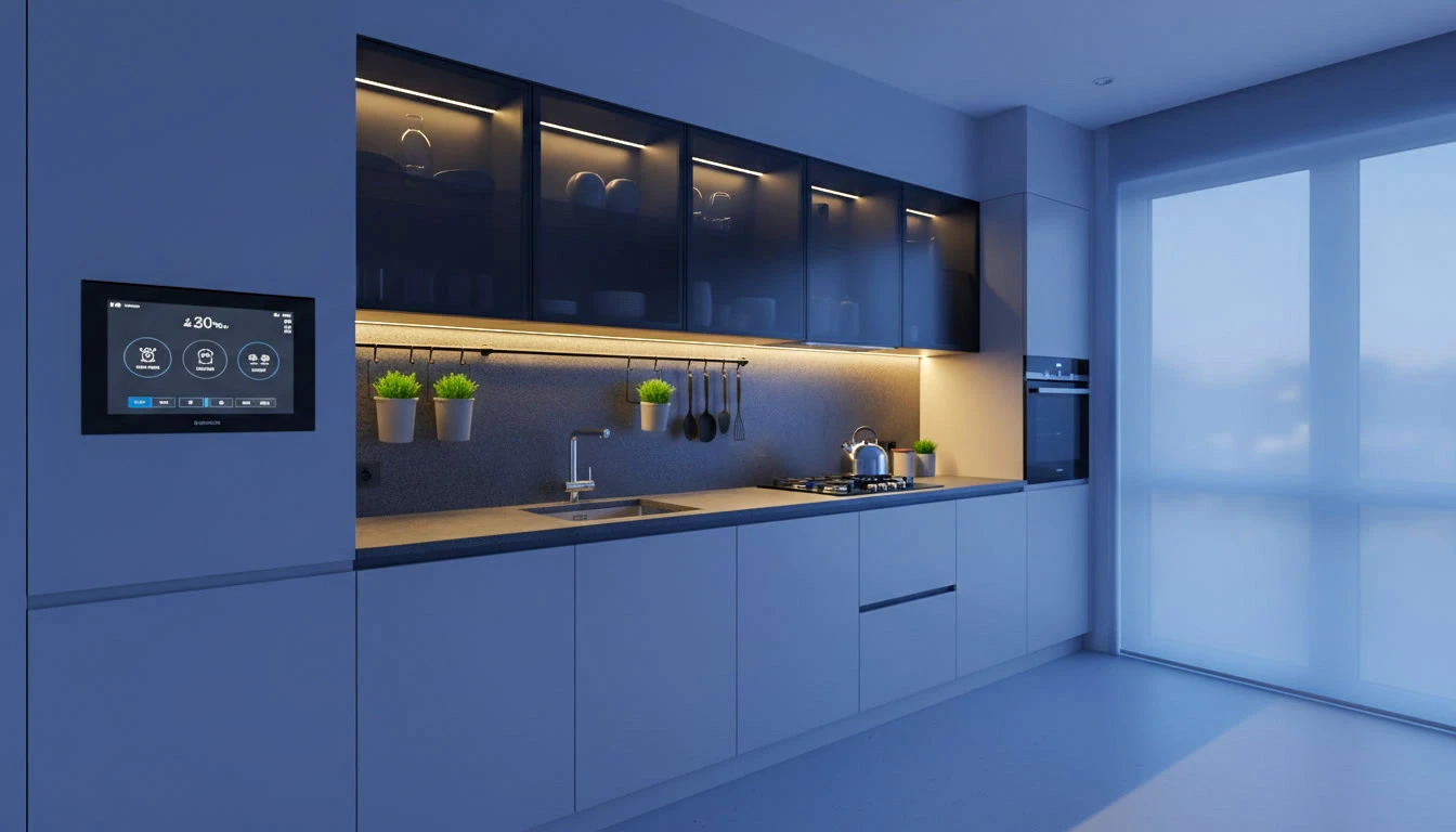 Cuisine moderne avec écran tactile de domotique mural affichant contrôles température et éclairage